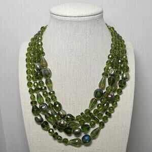 Vintage Signed Germany Necklace Green Beaded Jewelry Four Strands